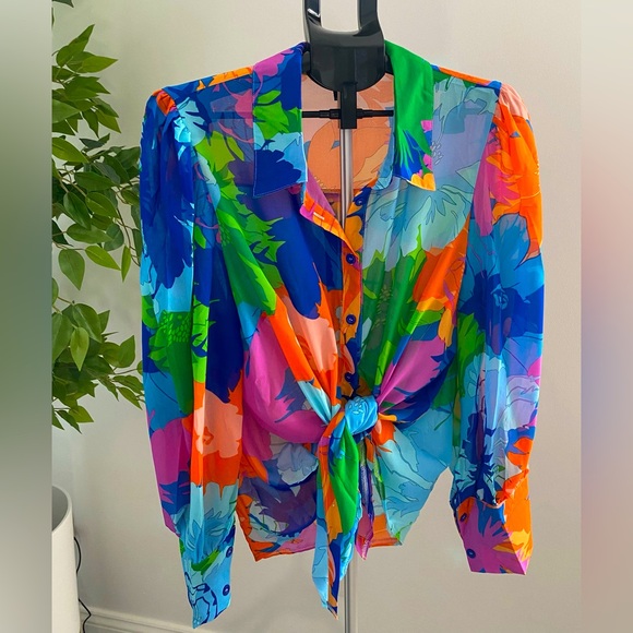 Bright Colored Floral Sheer Lightweight Long Sleeve Top - Picture 1 of 4